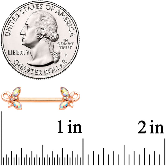 14G 1/2 Aurora Gem Rose Gold Tone Loop Butterfly Nipple Ring Set