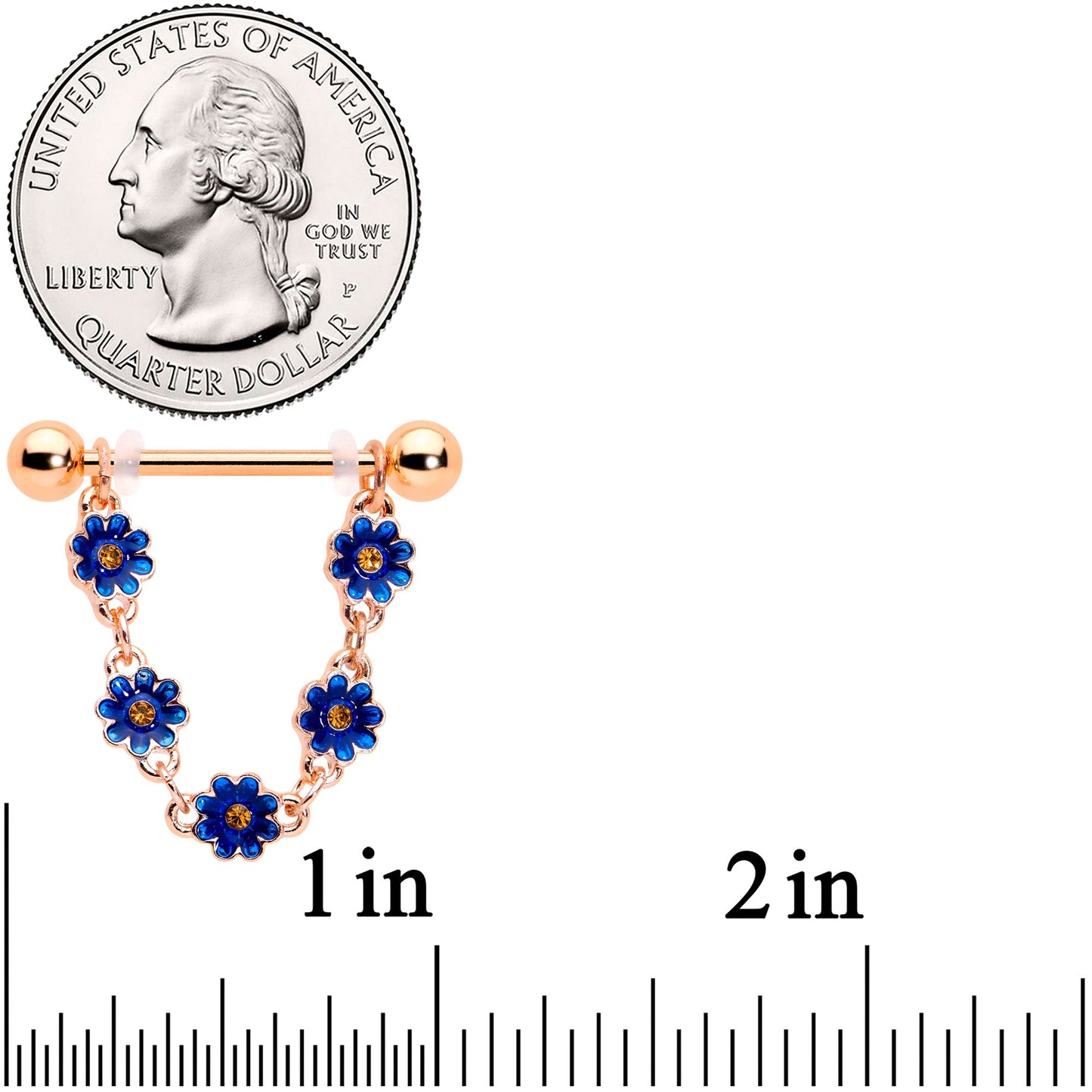 14G 9/16 Yellow Gem Rose Gold Tone Blue Flower Dangle Nipple Set