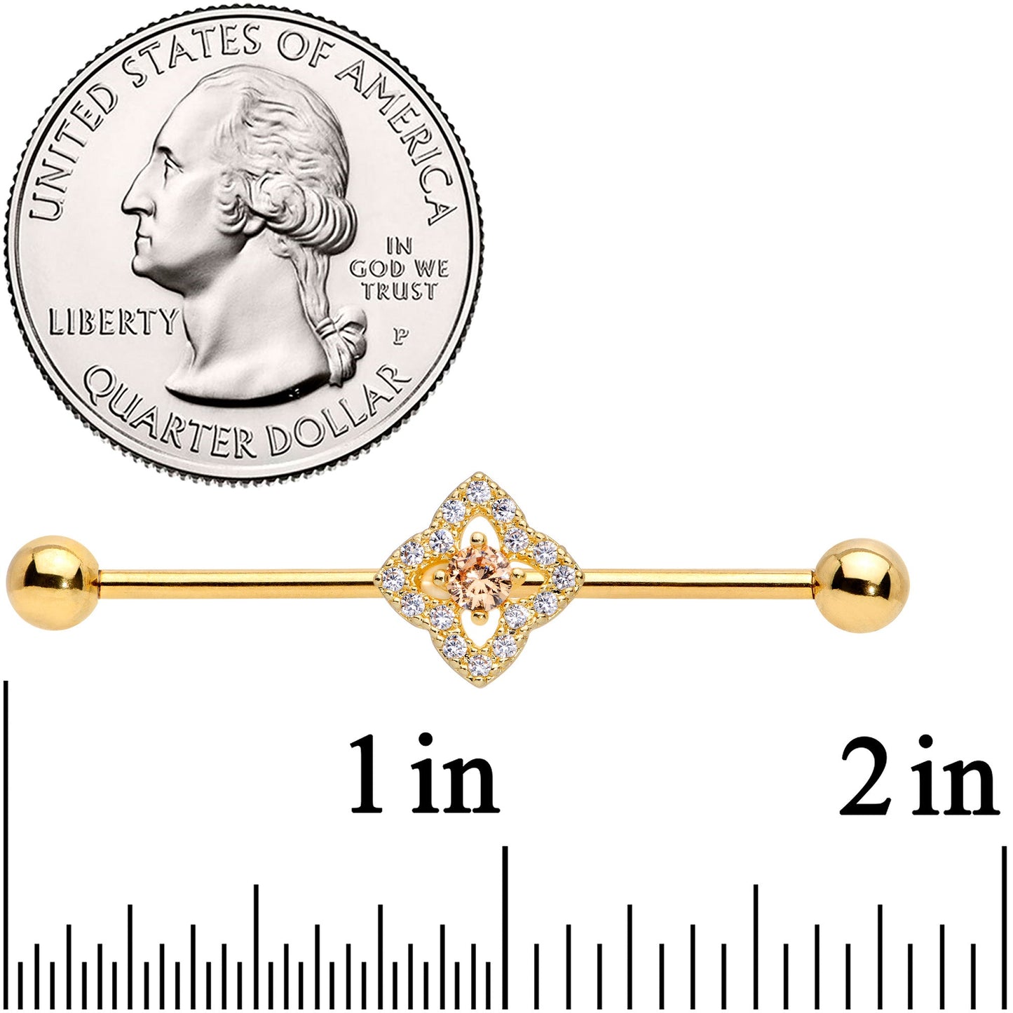 14G Clear CZ Gem Gold Tone Rhombus Royale Industrial Barbell 38mm