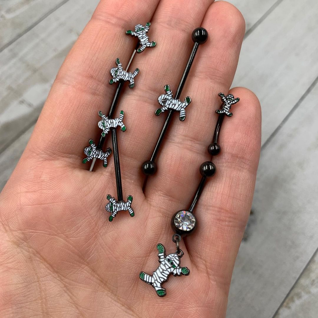 14G 5/16 Black Green Mummy Halloween Curved Eyebrow Ring