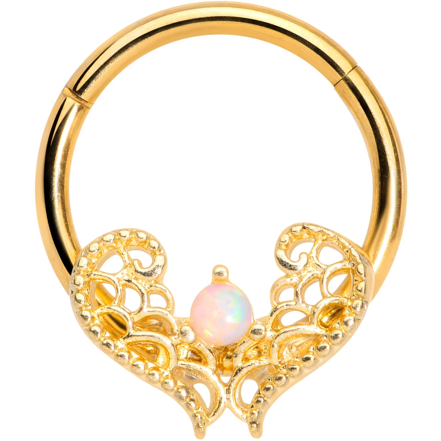 16G 3/8 White Synth Opal Gold Tone Lace Heart Hinged Segment Ring