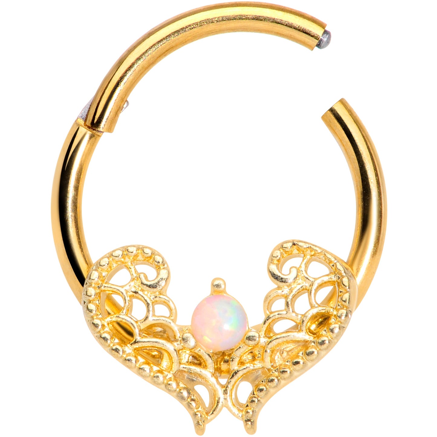 16G 3/8 White Synth Opal Gold Tone Lace Heart Hinged Segment Ring