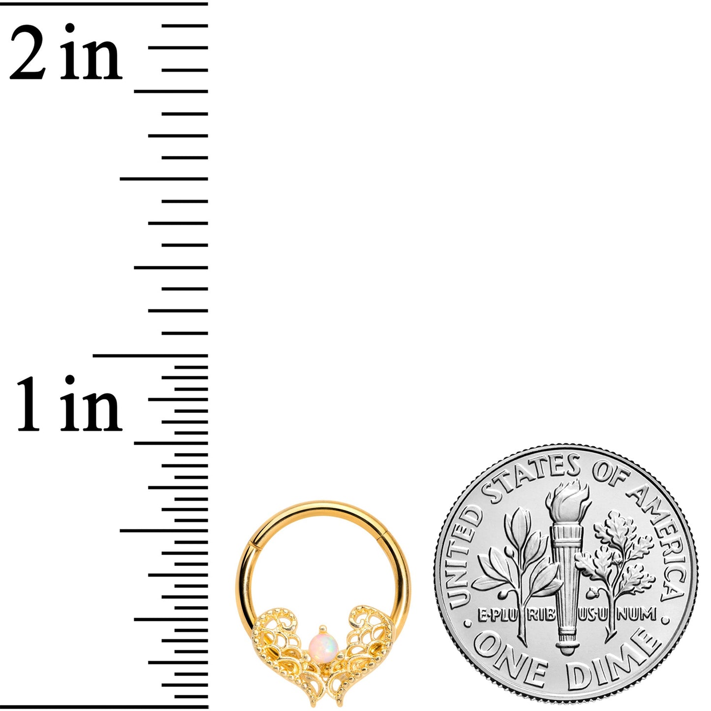 16G 3/8 White Synth Opal Gold Tone Lace Heart Hinged Segment Ring