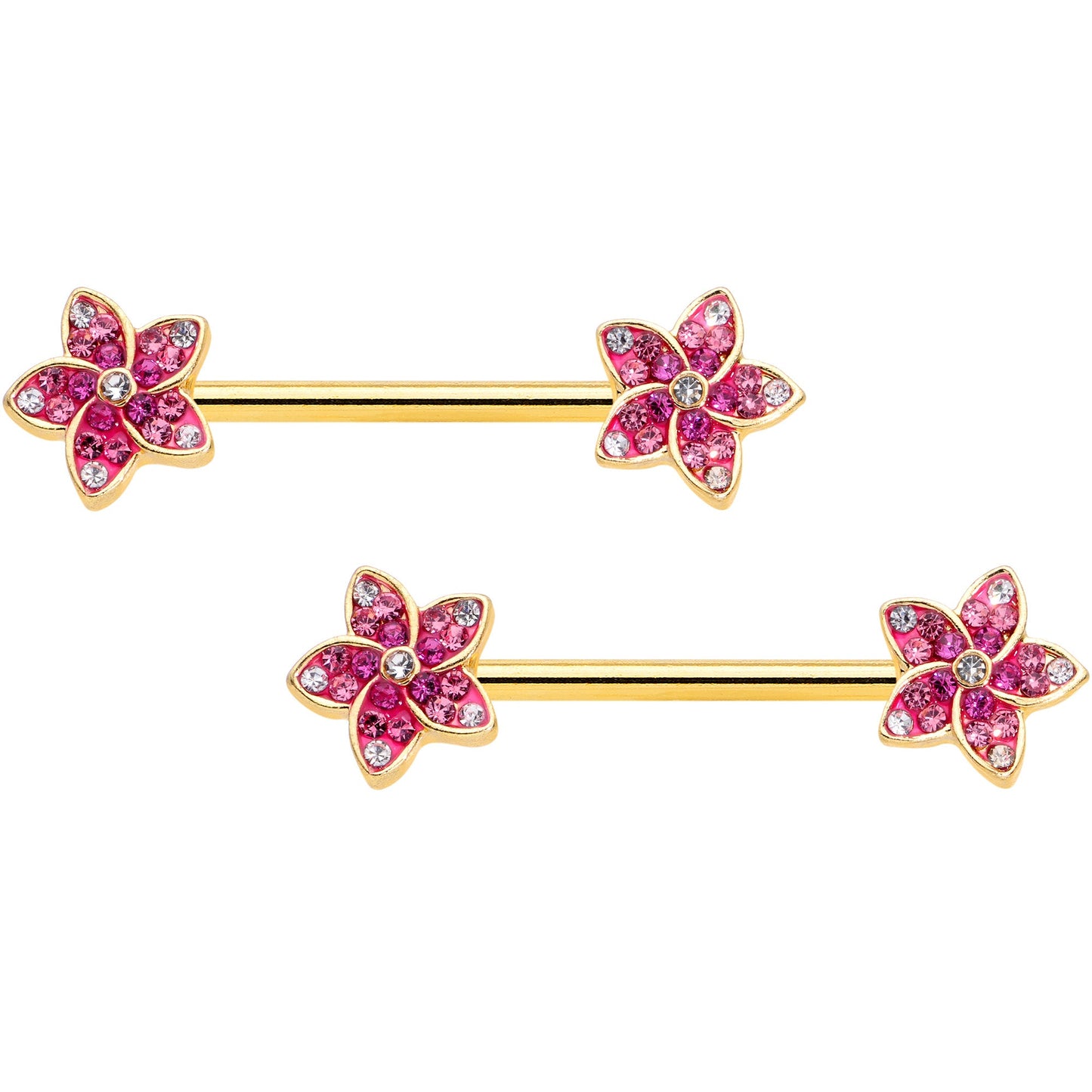 14G 9/16 Purple Gem Gold Tone Flowers Barbell Nipple Ring Set