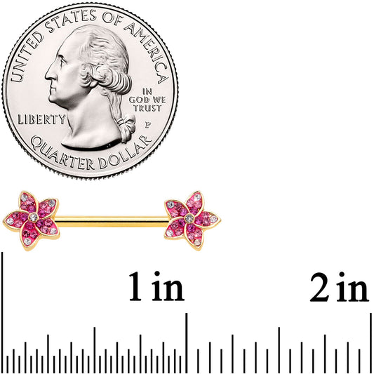 14G 9/16 Purple Gem Gold Tone Flowers Barbell Nipple Ring Set