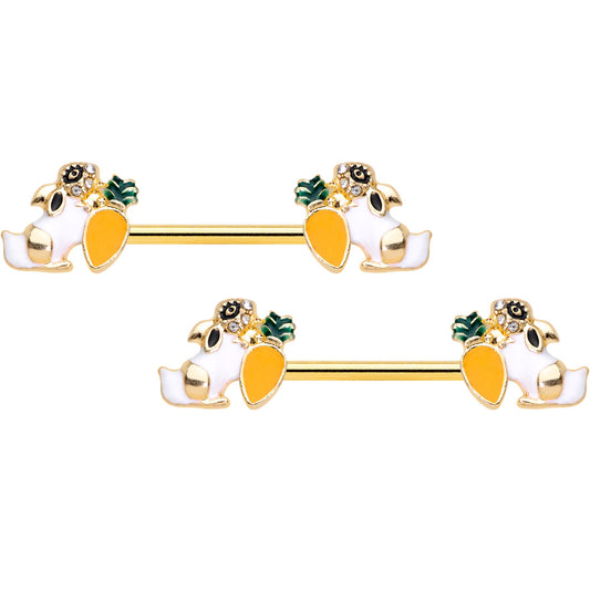 14G 9/16 Clear Gem Gold Tone Carrot Bunny Barbell Nipple Ring Set