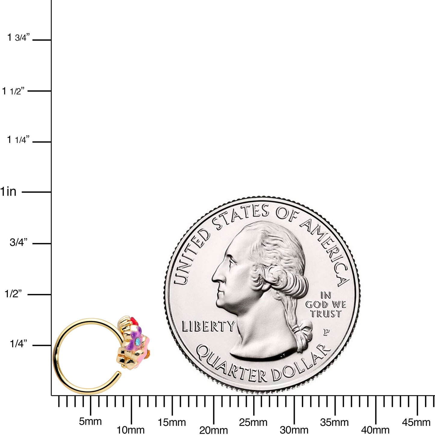 20G 5/16 Red Pink Gem Gold Tone Multi Flower Nose Hoop