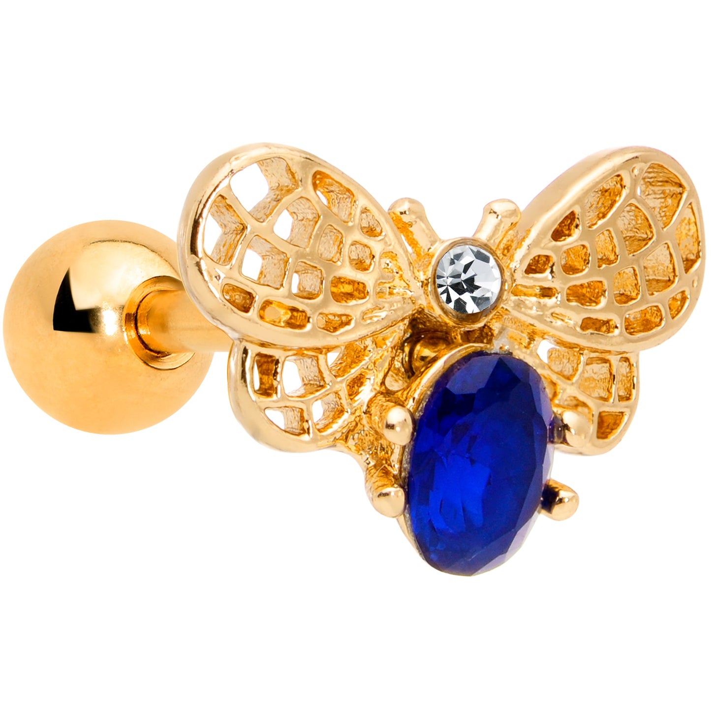 16G 1/4 Blue Gem Gold Tone Beautiful Bee Cartilage Tragus Earring