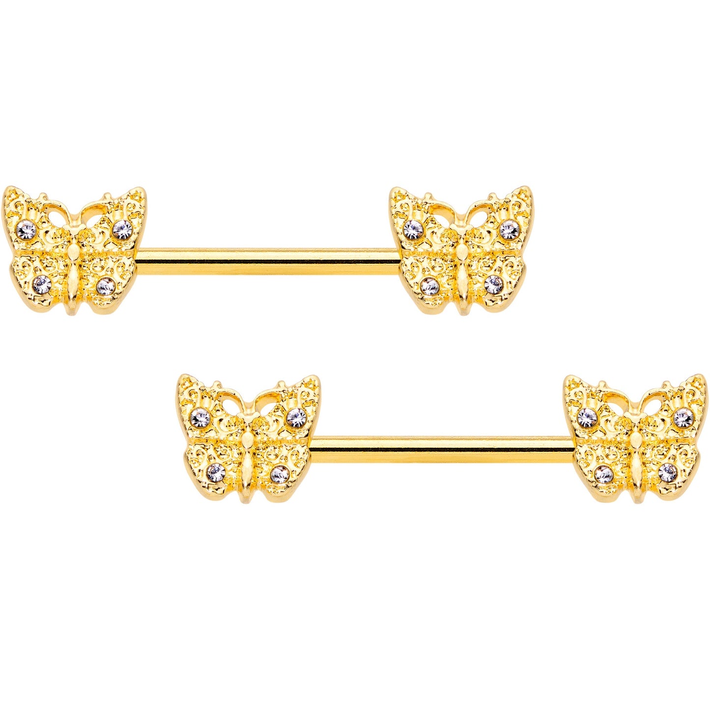 14G 9/16 Clear Gem Gold Tone Baroque Butterfly Nipple Ring Set