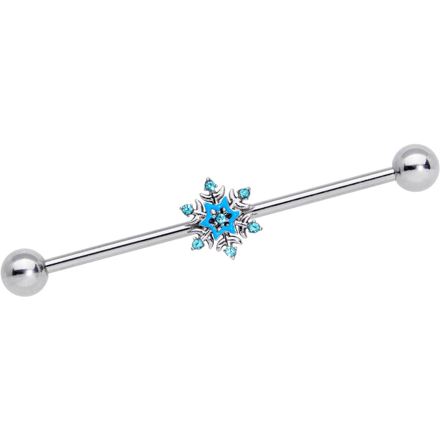 14G Aqua Gem Winter Snowflake Christmas Industrial Barbell 38mm