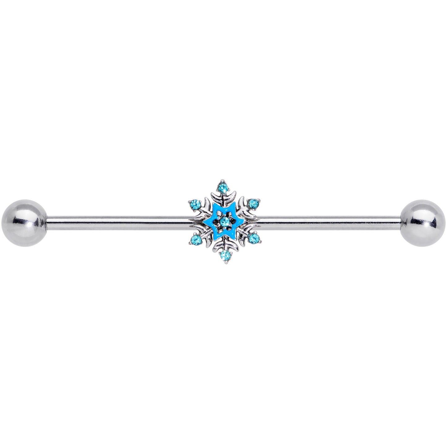 14G Aqua Gem Winter Snowflake Christmas Industrial Barbell 38mm