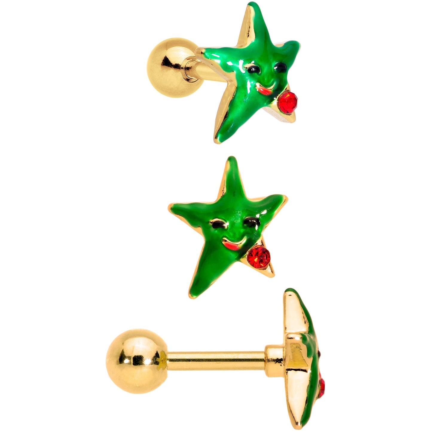 16G 1/4 Red Green Gem Merry Christmas Cartilage Tragus Set of 3