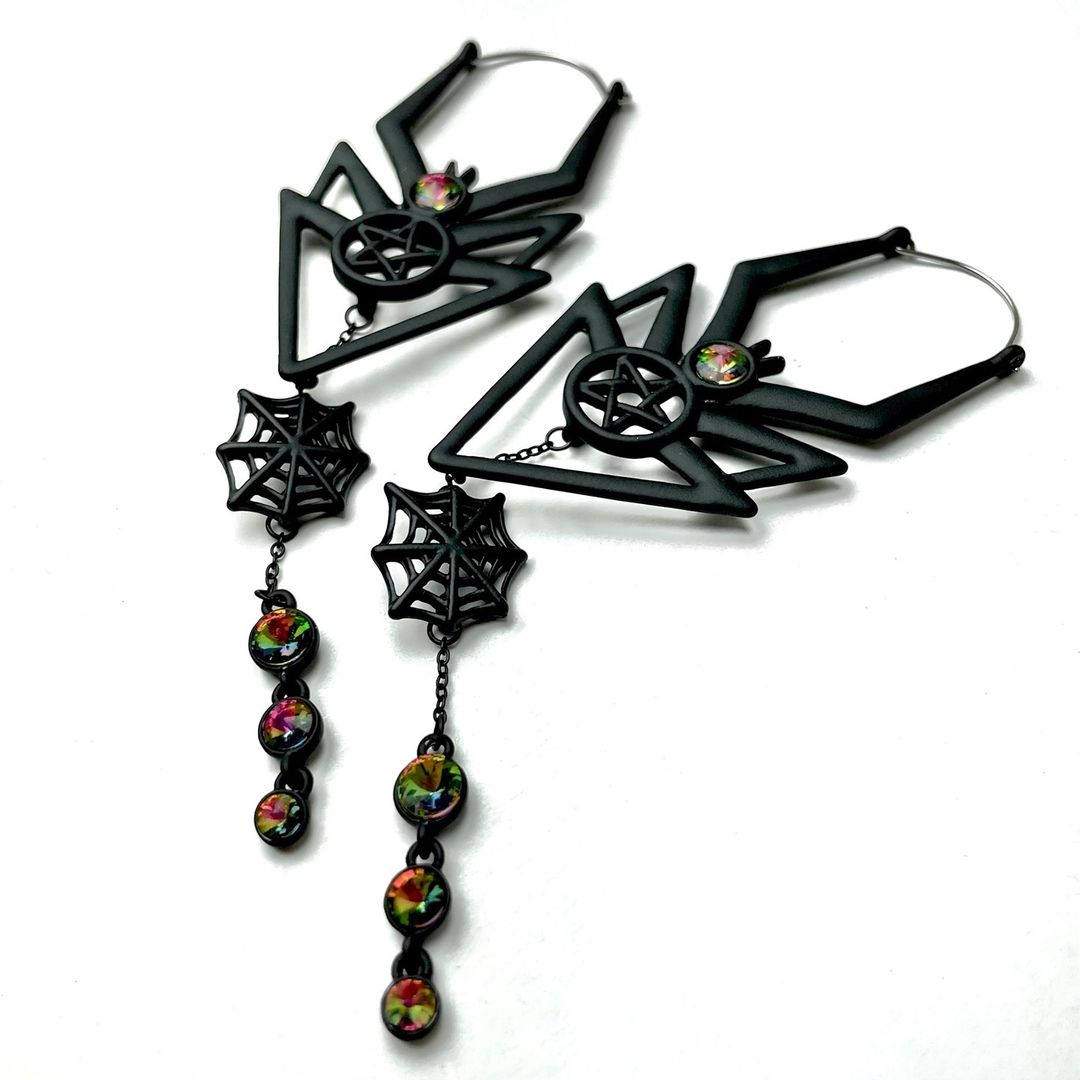 Vitrail Gem Black Spider Pentagram Dangle Tunnel Plug Earrings