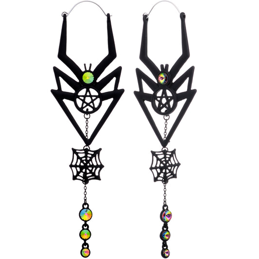 Vitrail Gem Black Spider Pentagram Dangle Tunnel Plug Earrings