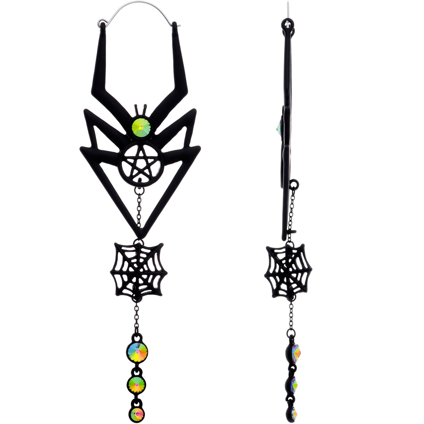 Vitrail Gem Black Spider Pentagram Dangle Tunnel Plug Earrings