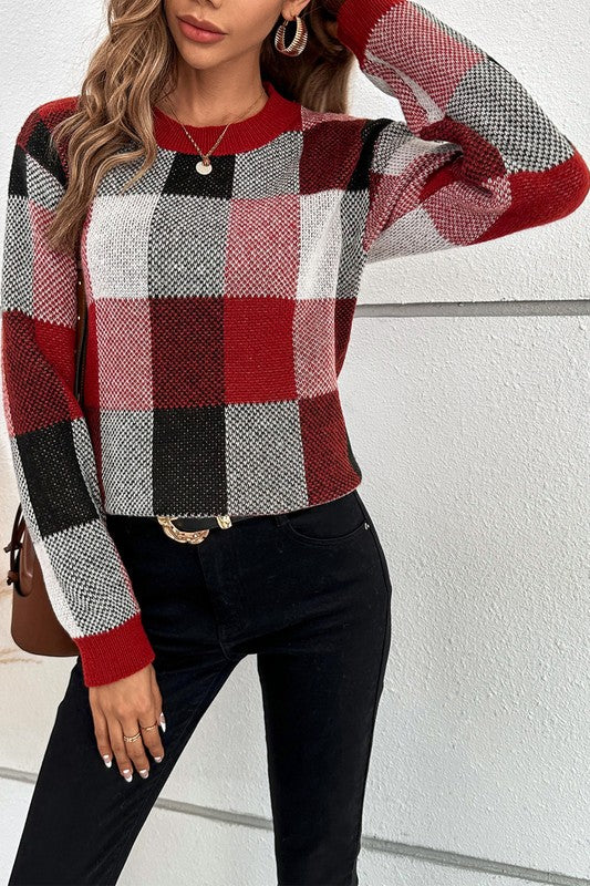 Plaid Print Round Neck Knit Loose Fit Sweater