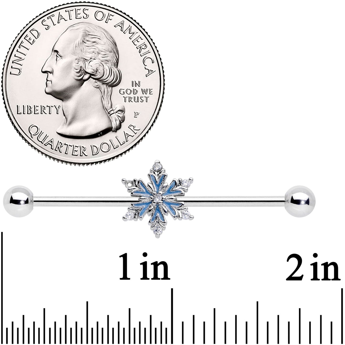 14G Clear CZ Gem Blue Snowflake Christmas Industrial Barbell 38mm