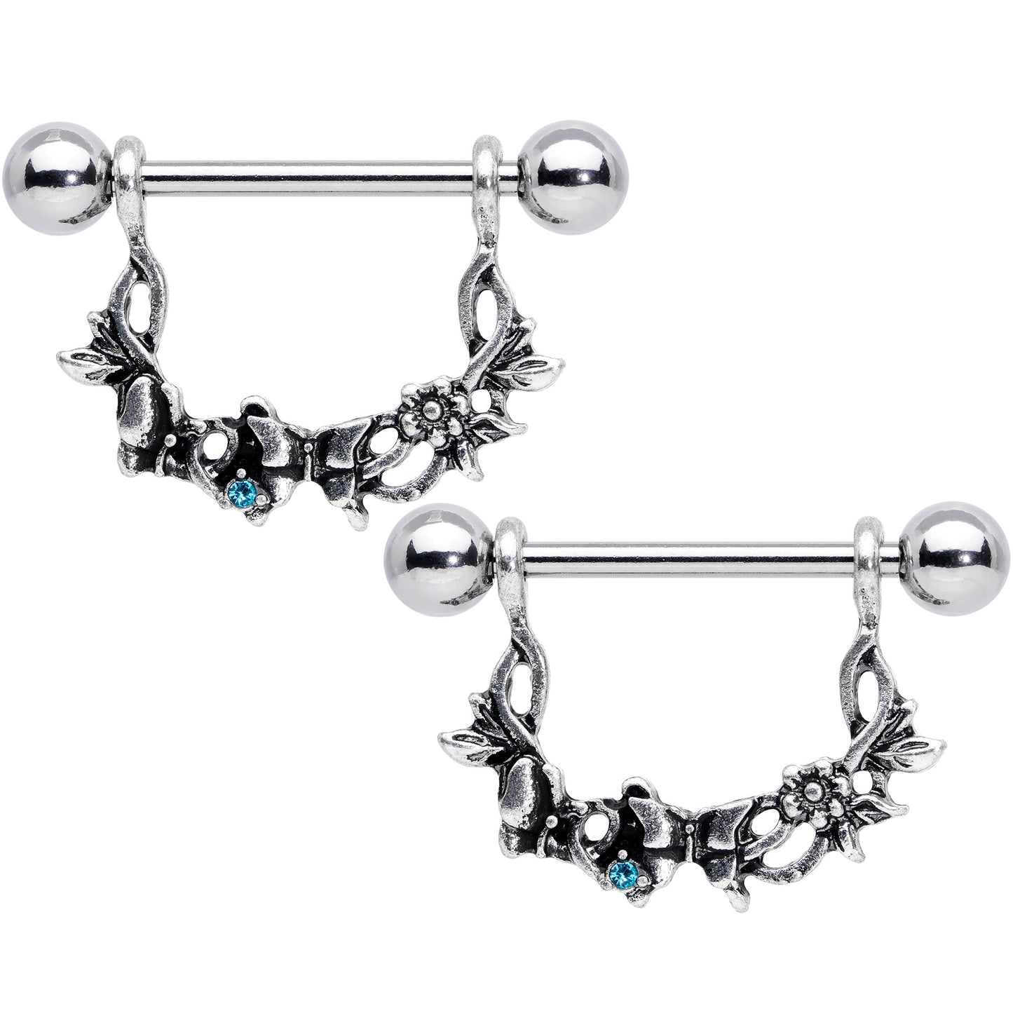 14G 9/16 Aqua Gem Abstract Bow Butterfly Dangle Nipple Ring Set