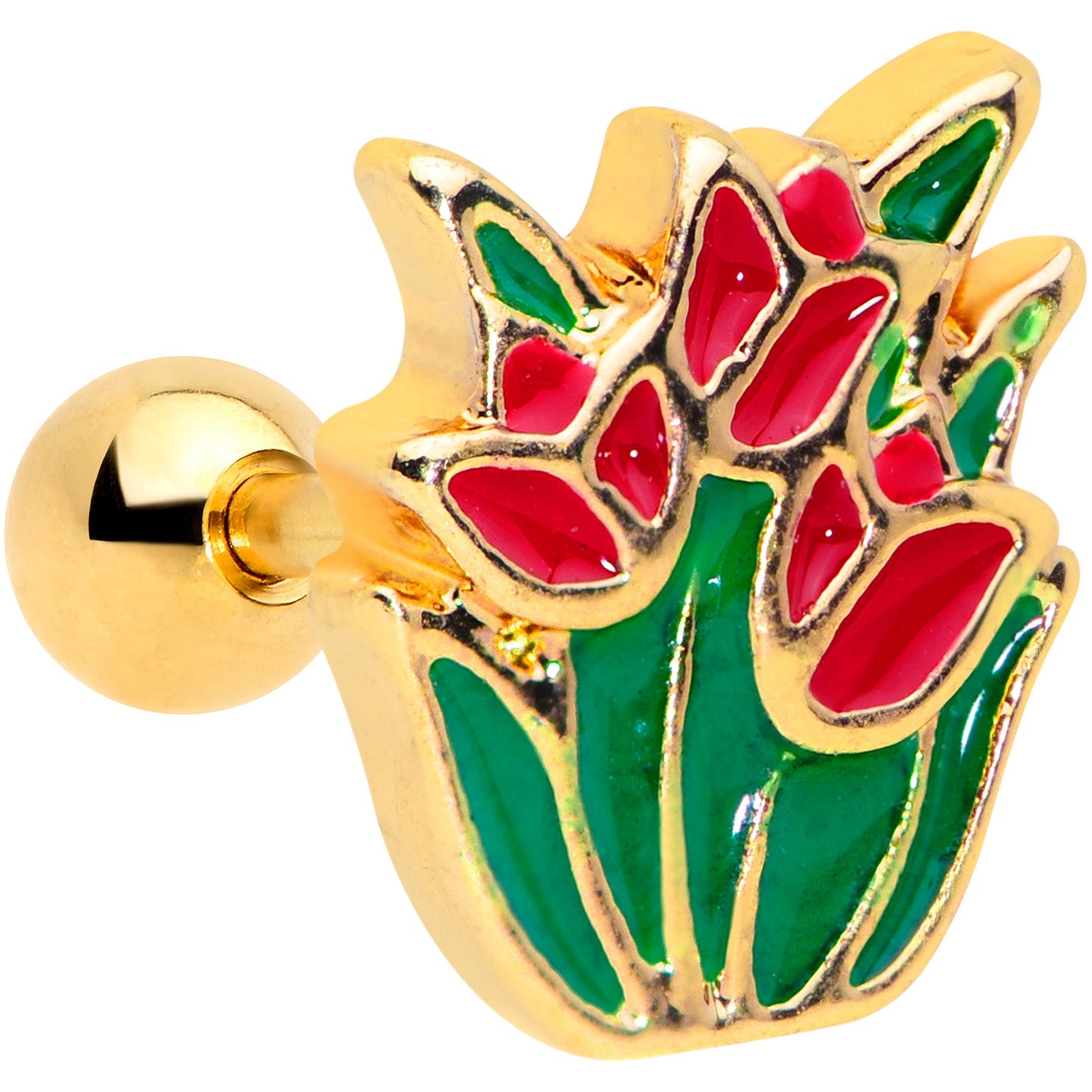 16G 1/4 Gold Tone Springtime Red Tulip Flower Cartilage Earring