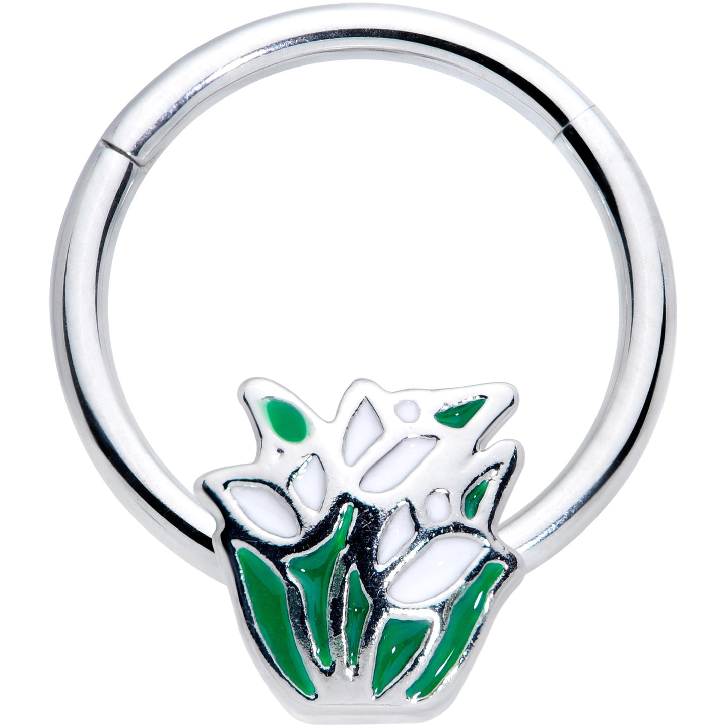 16G 3/8 Springtime White Tulip Flowers Hinged Segment Ring