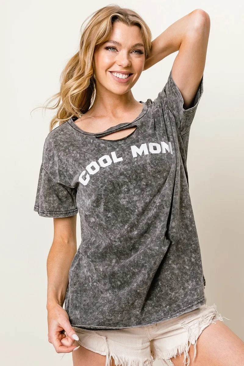 BiBi Washed Laser Cut Detail Cool Mom Print Top
