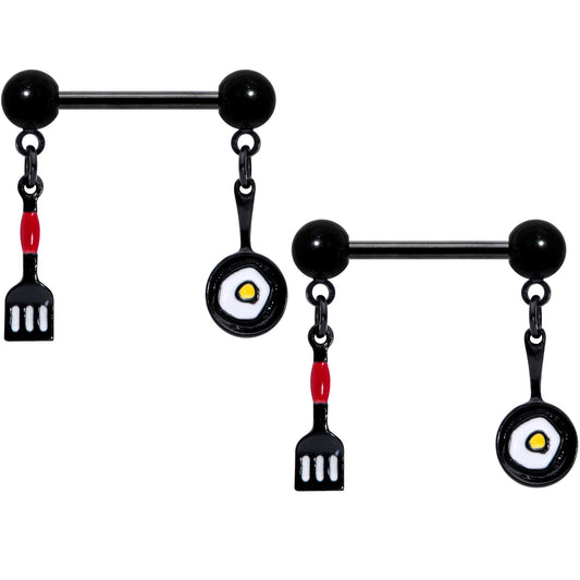 14G 9/16 Black Spatula Pan Kitchen Cooking Dangle Nipple Ring Set