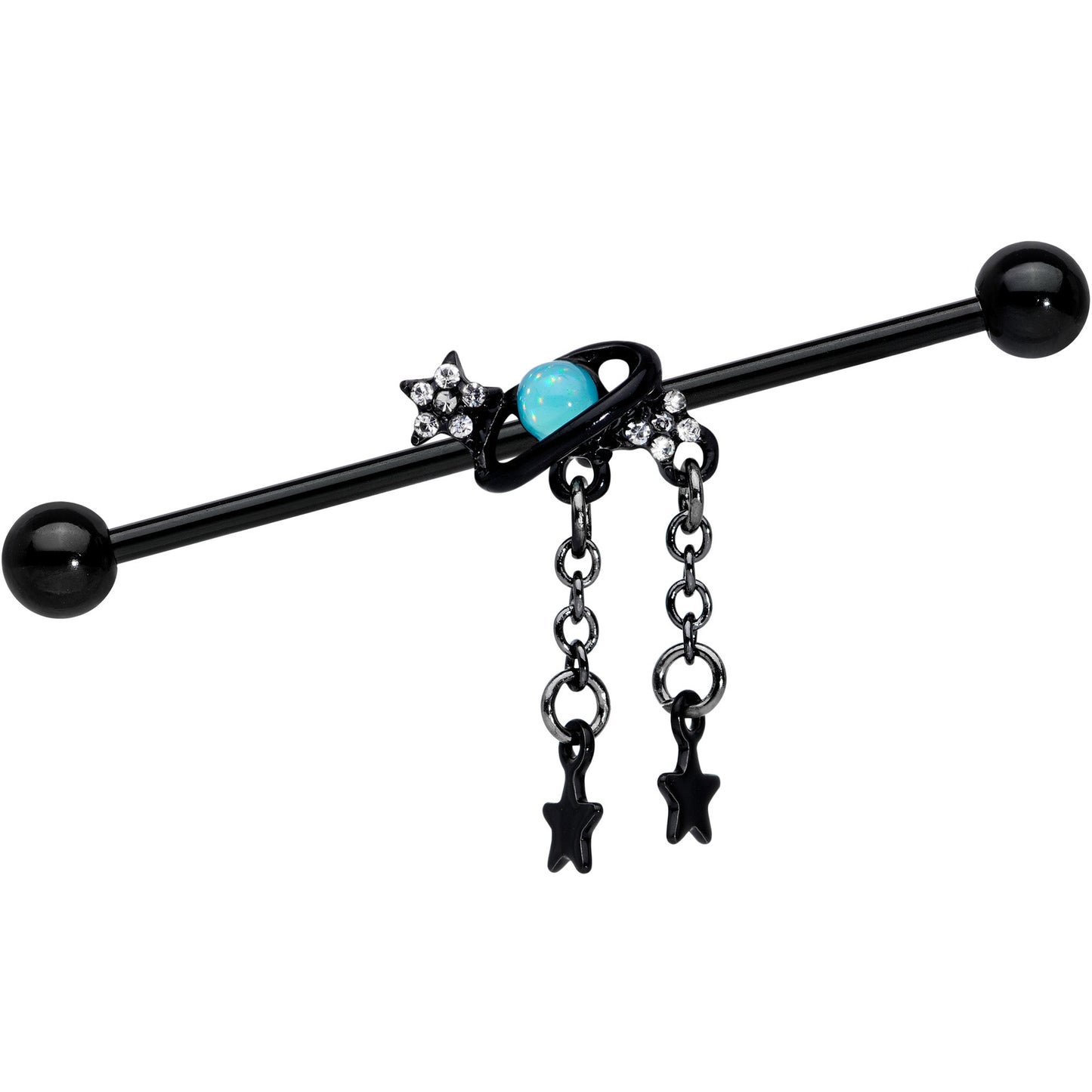 14G Clear Blue Gem Black Saturn Stars Industrial Barbell 38mm