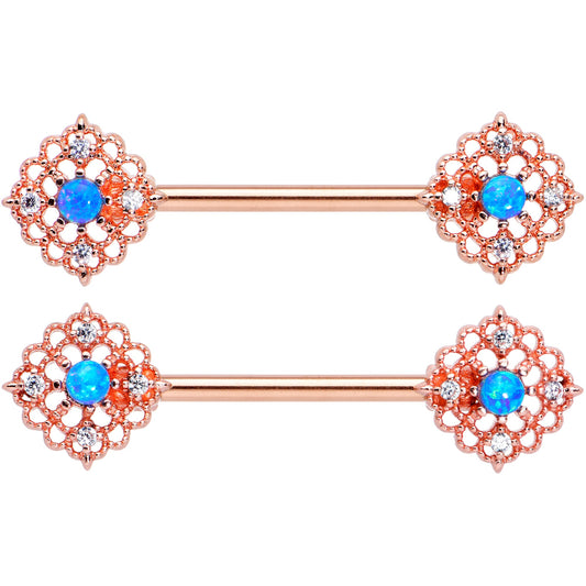 14G 9/16 Blue Synthetic Opal Rose Gold Tone Lacy Nipple Ring Set