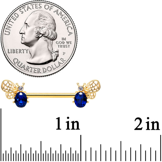 14G 9/16 Blue Gem Gold Tone Beautiful Bee Barbell Nipple Ring Set