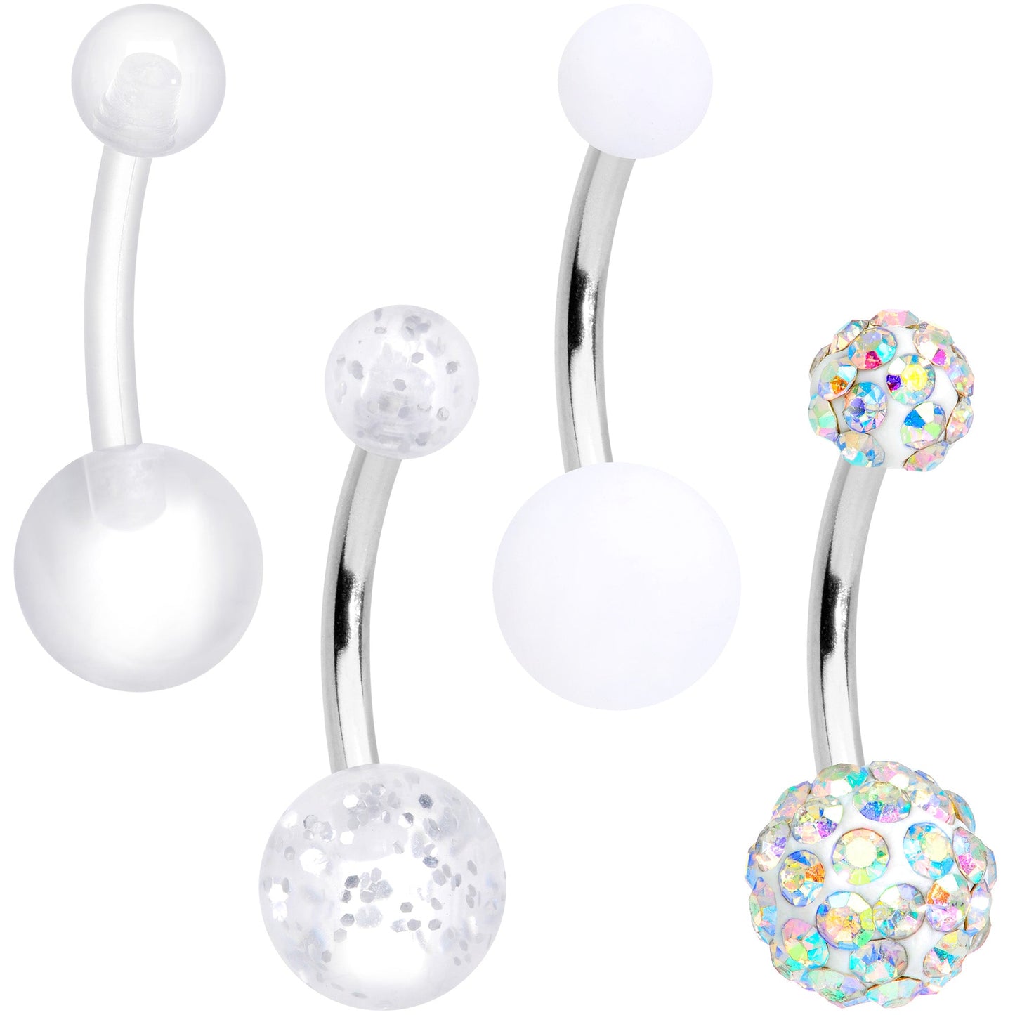 Aurora Gem White Matte UV Clear Glitter Belly Ring Set of 4