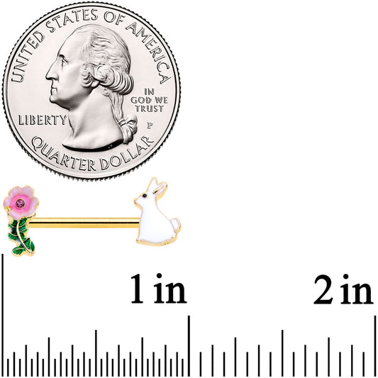 14G 9/16 Pink Gem Gold Tone Easter Bunny Flower Nipple Ring Set