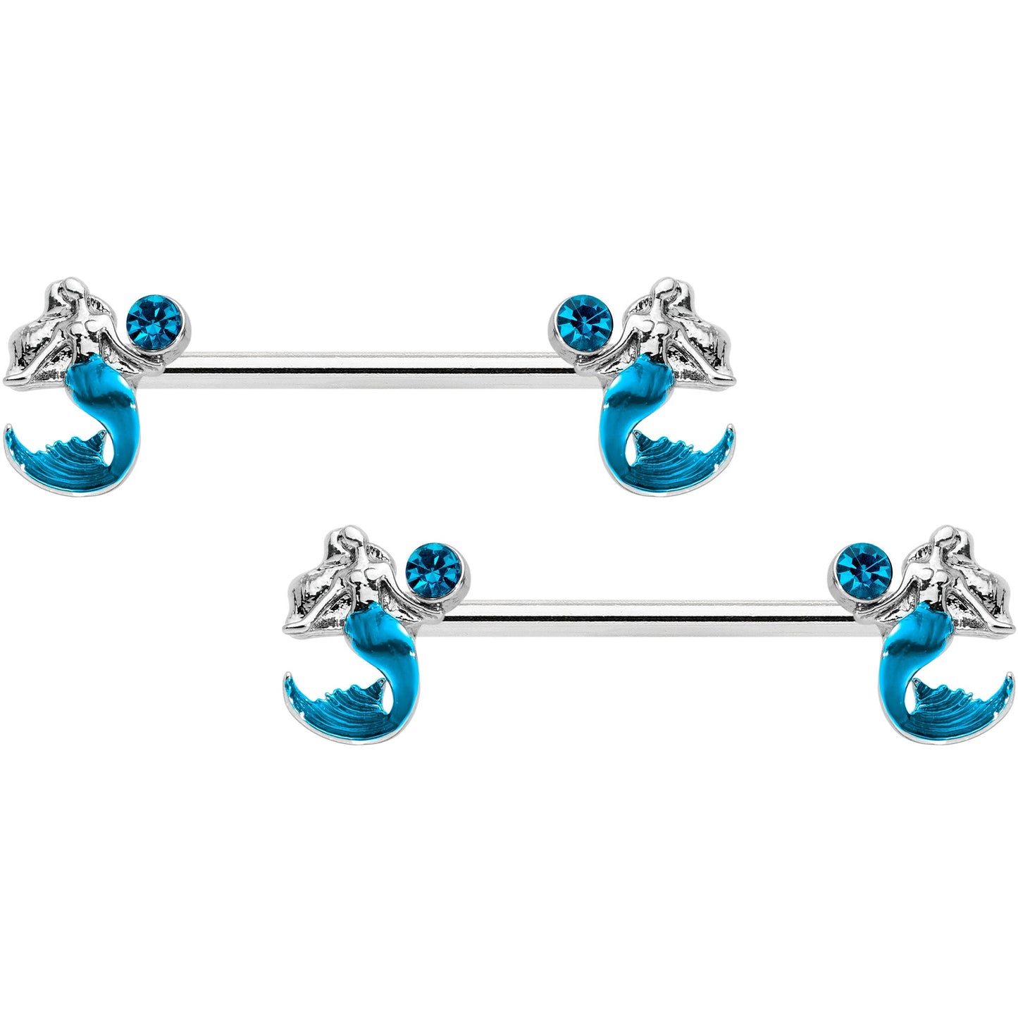 14G 9/16 Aqua Gem Blue Mermaid Barbell Nipple Ring Set