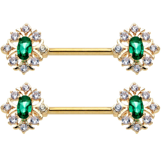 14G 1/2 Clear Green Gem Gold Hue Art Deco Barbell Nipple Ring Set