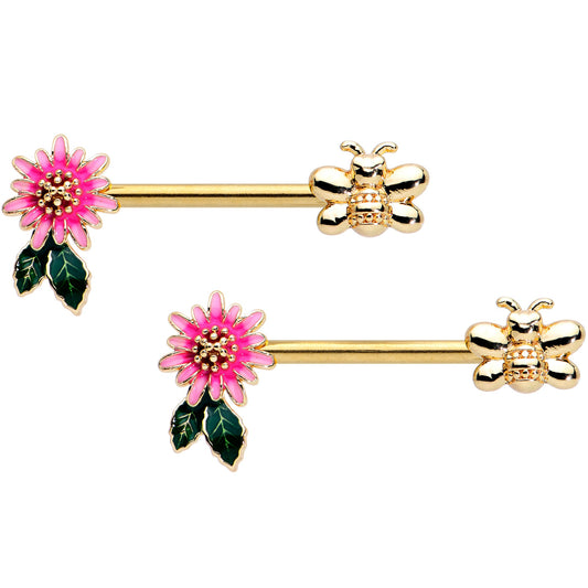 14G 1/2 Gold Tone Pink Flower Bee Barbell Nipple Ring Set
