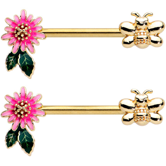 14G 1/2 Gold Tone Pink Flower Bee Barbell Nipple Ring Set