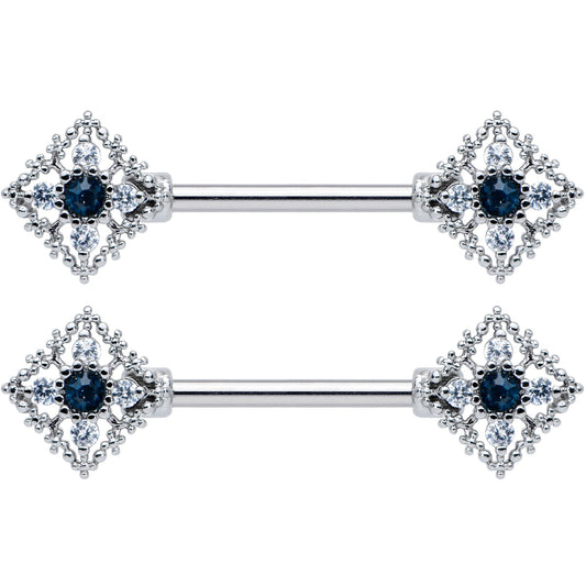 14G 9/16 Clear Blue Gem Textured Rhombus Cross Nipple Ring Set