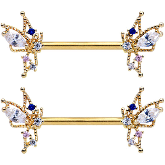 14G 9/16 Clear CZ Gem Gold Tone Christmas Angel Nipple Ring Set