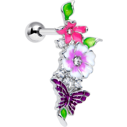 16G 1/4 Clear CZ Gem Flower Purple Butterfly Cartilage Tragus