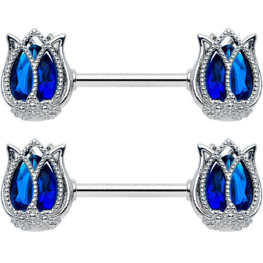 14G 9/16 Blue Gem Tulip Flower Barbell Nipple Ring Set