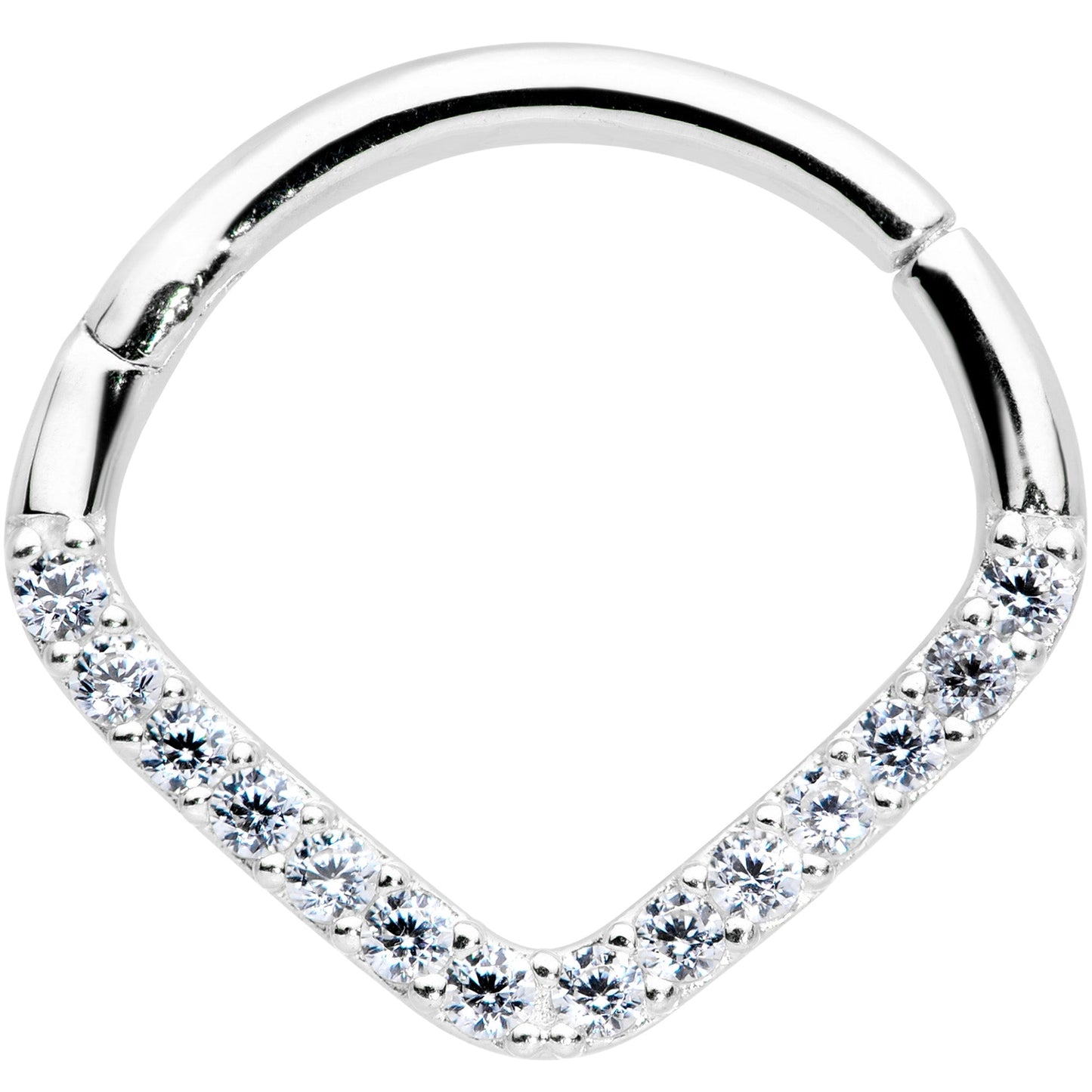 16G 3/8 14k White Gold Clear CZ Gem Chevron Hinged Segment Ring