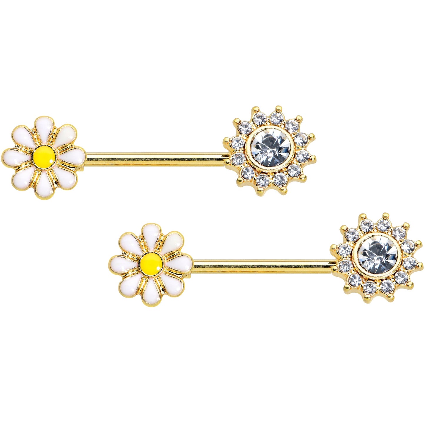 14G 9/16 Clear Gem Gold Tone Sun Daisy Flower Nipple Ring Set