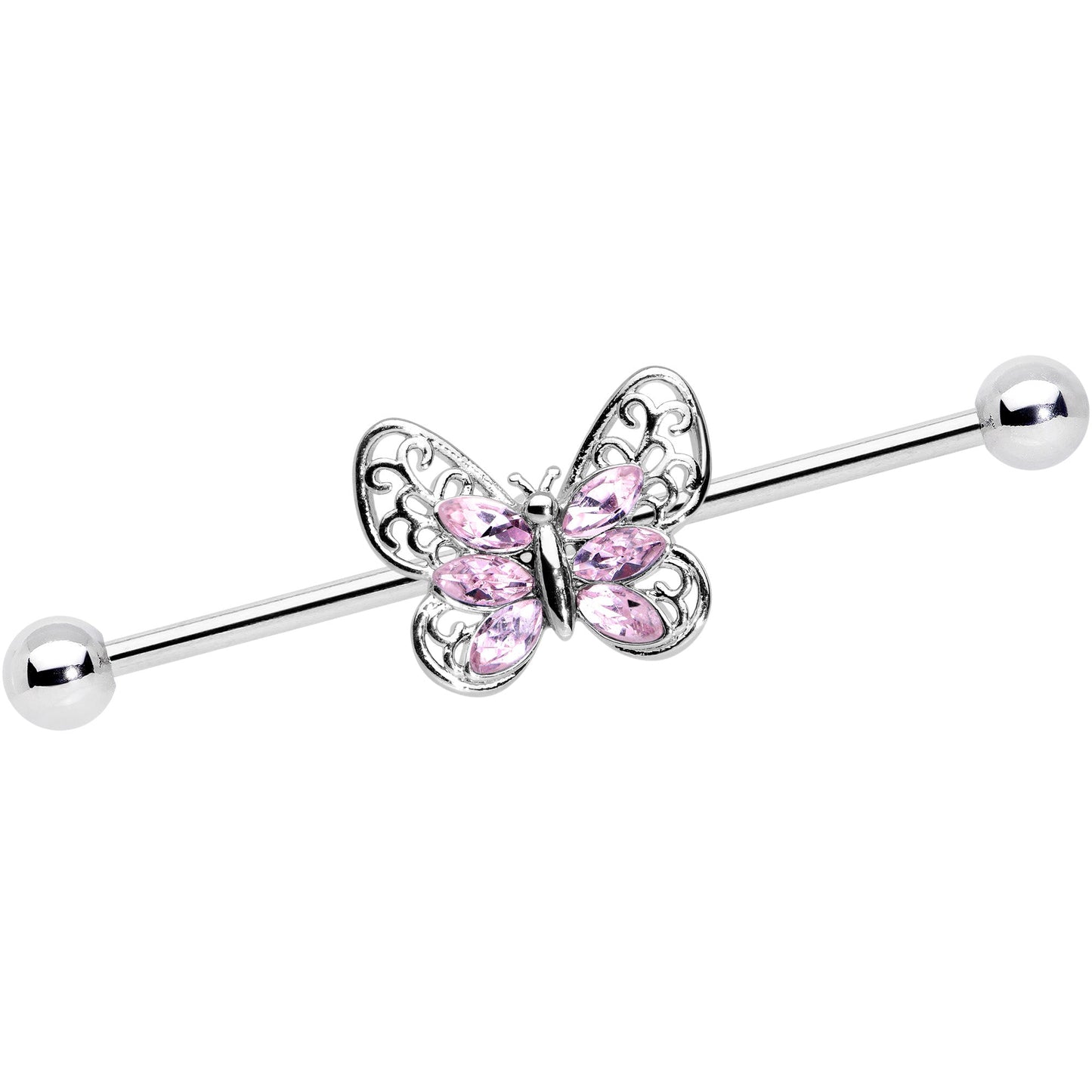 14G Pink Gem Lacy Butterfly Industrial Barbell 38mm