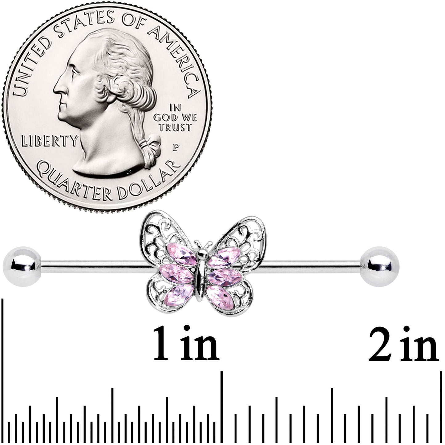 14G Pink Gem Lacy Butterfly Industrial Barbell 38mm