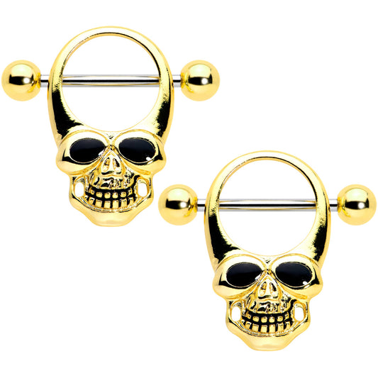 14G 1/2 Gold Tone Grinning Skull Nipple Shield Set