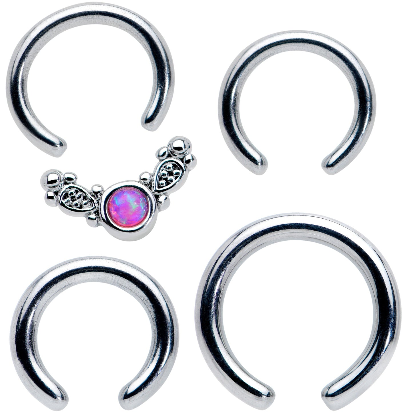 14 16G 1/4 5/16 Pink Synthetic Opal Ornate Captive Ring Set of 4