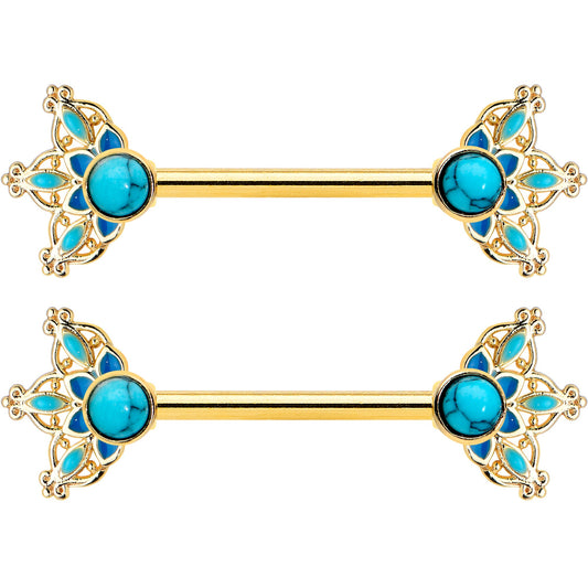 14G 9/16 Blue Turquoise Gold Tone Opulent Bloom Nipple Ring Set