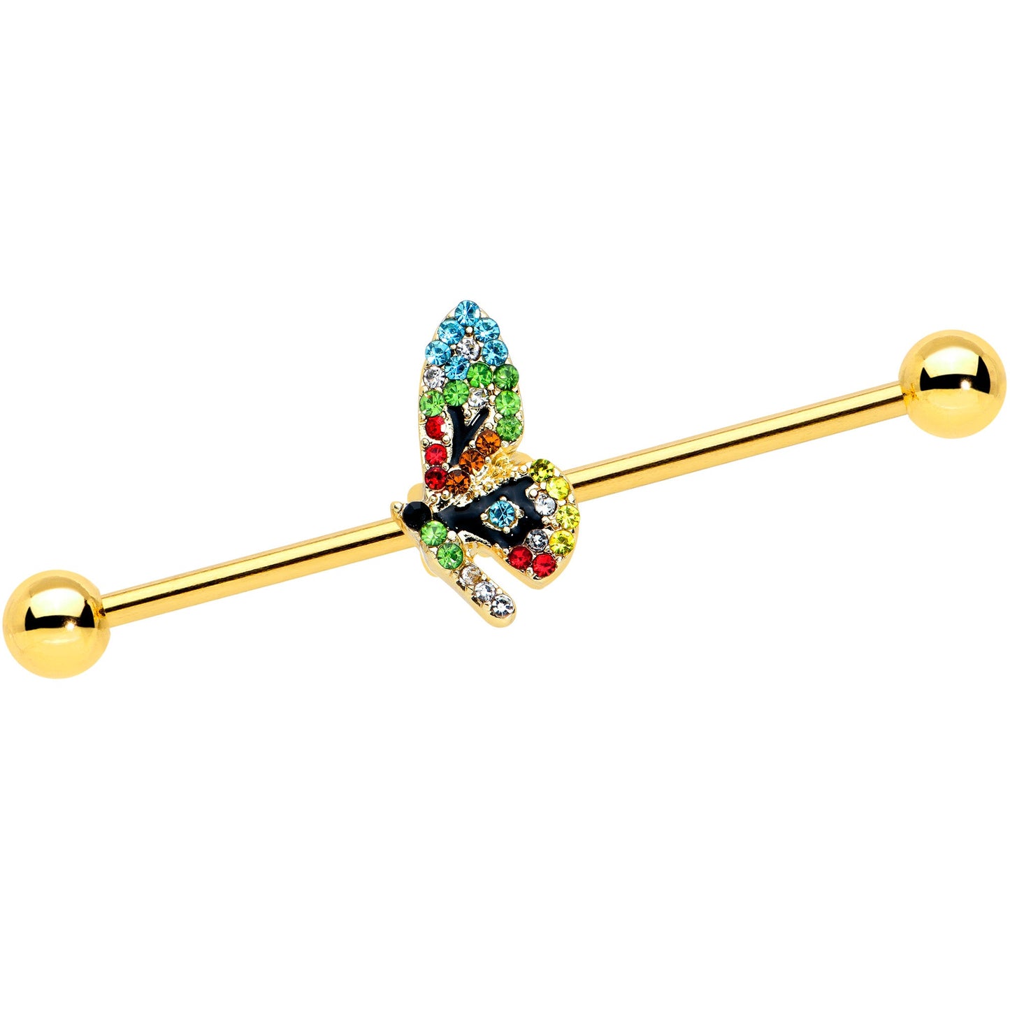 14G Blue Gem Gold Tone Glitz Dragonfly Industrial Barbell 38mm