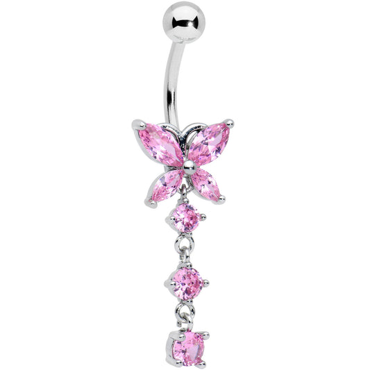 Pink CZ Gem Open Wing Butterfly Dangle Belly Ring