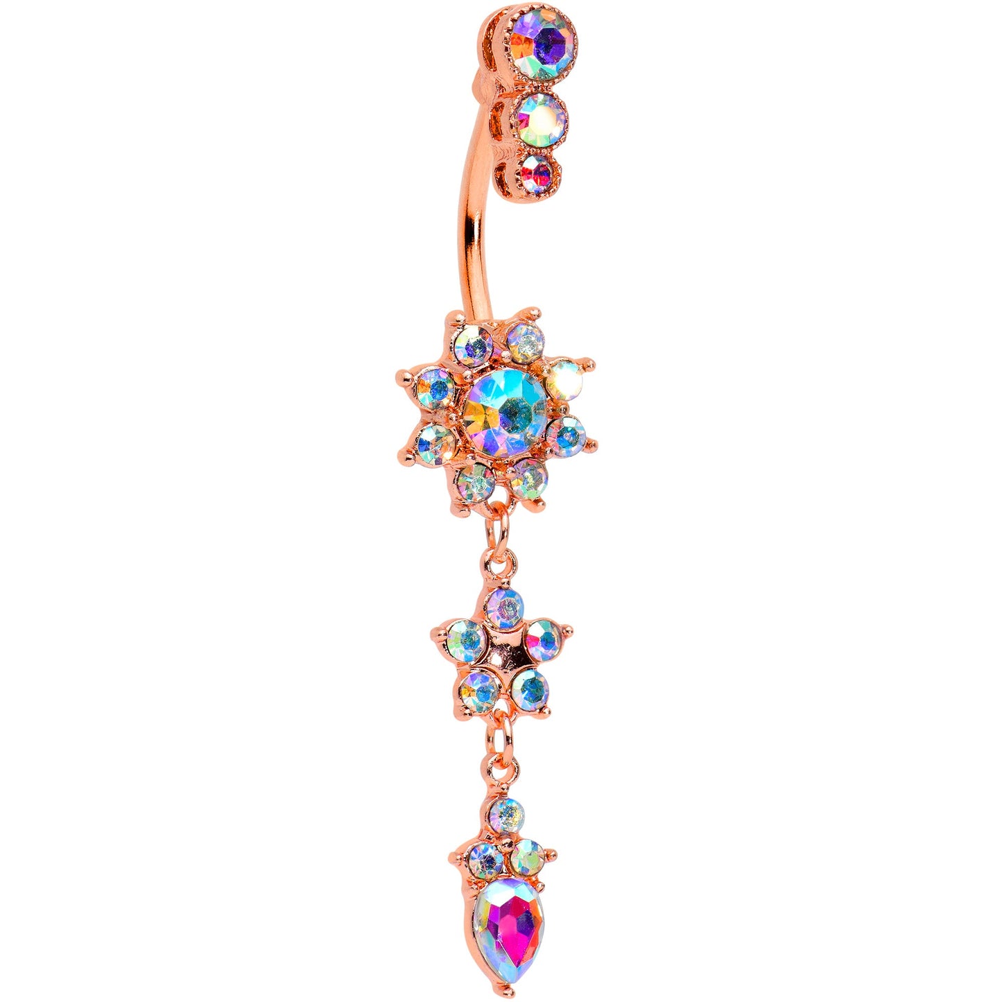 Aurora Gem Rose Gold Tone Triple Drop Star Dangle Belly Ring
