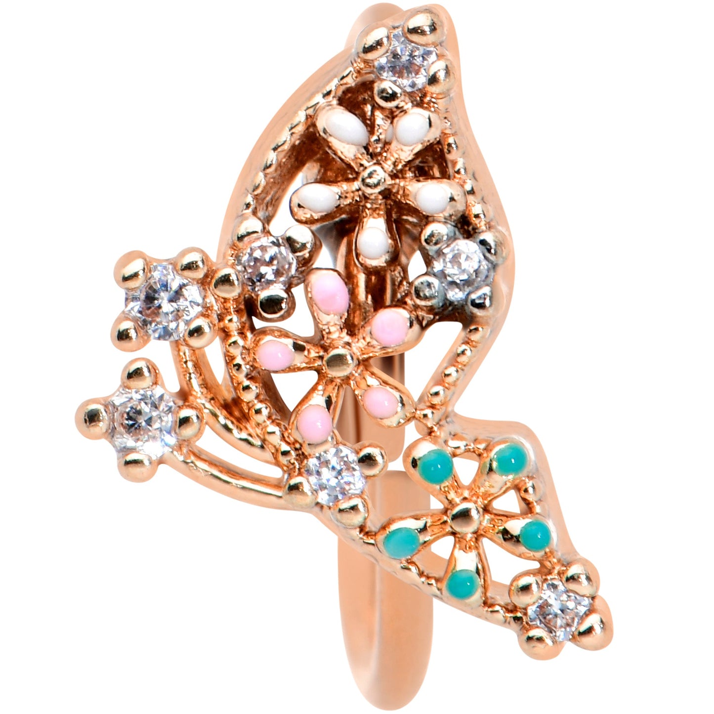 20G 5/16 Clear CZ Gem Rose Gold Hue Abstract Butterfly Nose Hoop